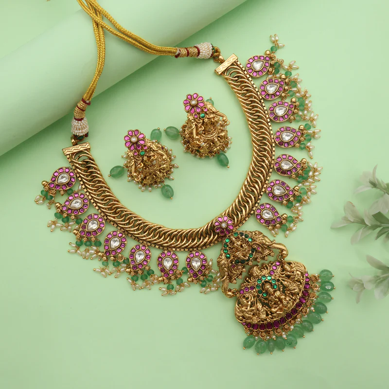 Antique Real Gold Look Jadau Kundan Jalebi Gajalakshmi Bridal set